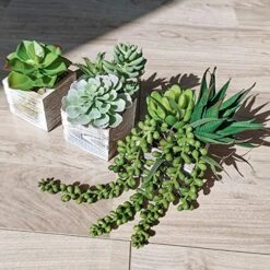 Set Of 3 Small Potted Succulents Plants Arrangement Decoration Assorted Green Fake Succulents Aloe In Rusitc Wooden Pots For Home Living Room Bathroom Table Windowsill Shelf Office Desk Indoor Decor -Green Leaf Store 51QDowcrLkL
