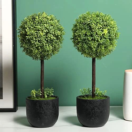 MyGift 13 Inch Realistic Artificial Boxwood Topiary Trees, Faux Tabletop Decorative Plants With Black Pots, Set Of 2 3 MyGift 13 Inch Realistic Artificial Boxwood Topiary Trees, Faux Tabletop Decorative Plants With Black Pots, Set Of 2 - Image 3