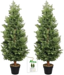 Aveyas 2 Pack 4ft Artificial Cone Topiary Cedar Trees In Cemented Plastic Pot, Fake Cypress Plants Faux Mini Pine Silk Trees For Indoor Outdoor Patio Front Door Porch Floor Home Modern Decor, 4 Feet -Green Leaf Store 51QoqLXLLnL. AC