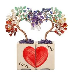 Memolome 7 Chakra Healing Crystal Heart Money Tree Reiki Quartz Gemstone Bonsai Handmade Crystal Figurine Feng Shui Tree Ornament Good Luck Wealth Home Office Desk Decor 2Pcs Set