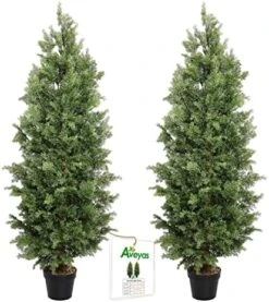Aveyas 2 Pack 4ft Artificial Cone Topiary Cedar Trees In Cemented Plastic Pot, Fake Cypress Plants Faux Mini Pine Silk Trees For Indoor Outdoor Patio Front Door Porch Floor Home Modern Decor, 4 Feet -Green Leaf Store 51Ti4EcBzxL. AC