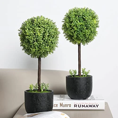 MyGift 13 Inch Realistic Artificial Boxwood Topiary Trees, Faux Tabletop Decorative Plants With Black Pots, Set Of 2 2 MyGift 13 Inch Realistic Artificial Boxwood Topiary Trees, Faux Tabletop Decorative Plants With Black Pots, Set Of 2 - Image 2