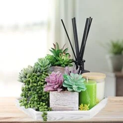 Set Of 3 Assorted Small Potted Succulents Plants Decoration Assorted Green Fake Succulents Plants In Rustic Wooden Pots For Home Living Room Bathroom Table Shelf Windowsill Office Desk Indoor Decor -Green Leaf Store 51VEWImllyL