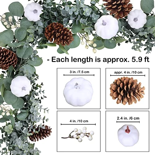 Fall White Pumpkin Garland Artificial Eucalyptus Garland With Pumpkins Pinecones Berries Fall Garland 5.9' L For Farmhouse Wedding Arch Backdrop Thanksgiving Mantel Table Runner Centerpiece Decor 2 Fall White Pumpkin Garland Artificial Eucalyptus Garland With Pumpkins Pinecones Berries Fall Garland 5.9' L For Farmhouse Wedding Arch Backdrop Thanksgiving Mantel Table Runner Centerpiece Decor - Image 2