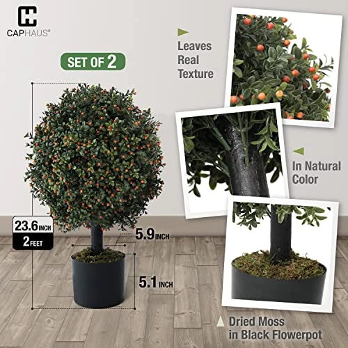 Fencer Wire Artificial Boxwood Topiary Ball Tree Set Of 2, Artificial UV Resistant Bushes, Faux Potted Tree, Plant In Pot W/Dried Moss, Fake Shrubs For Indoor, Front Porch, Outdoor, W/Orange Flower 2 Fencer Wire Artificial Boxwood Topiary Ball Tree Set Of 2, Artificial UV Resistant Bushes, Faux Potted Tree, Plant In Pot W/Dried Moss, Fake Shrubs For Indoor, Front Porch, Outdoor, W/Orange Flower - Image 2