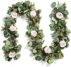 Miracliy 6 Ft Eucalyptus Garland With Flowers, Lambs Ear Greenery White Roses Flower Garland Fake Vines For Wedding Boho Table Mantle Backdrop Party Farmhouse Home Decor -Green Leaf Store 51YdaozSoPL. AC