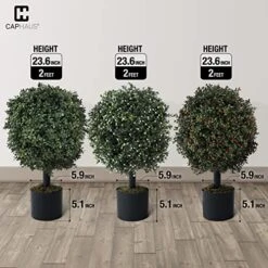 CAPHAUS Artificial Boxwood Topiary Ball Tree Set Of 2, Artificial UV Resistant Bushes, Faux Potted Tree, Plant In Pot W/Dried Moss, Fake Shrubs For Indoor, Front Porch, Outdoor, W/Orange Flower -Green Leaf Store 51Zb7ohpY1L