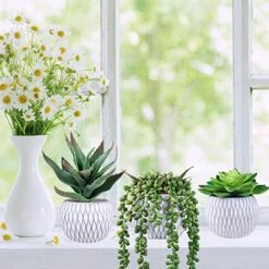 Set Of 3 Small Potted Succulent Plants Artificial Hanging Succulent Aloe In Gray Concrete Ceramic Pots With Geometry Textured For Party Favor Gift Windowsill Table Shelf Indoor Outdoor Greenery Decor -Green Leaf Store 51aDdfduXAL