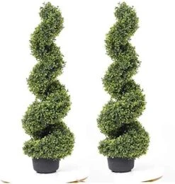 59 Inch Artificial Boxwood Topiary Tree Spiral Plants Fake Faux Plant Decor In Plastic Pot Green Indoor Or Outdoor, Set Of 2 -Green Leaf Store 51ay2IILwL. AC