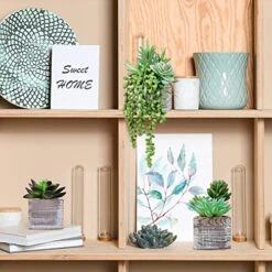 Set Of 3 Small Potted Succulents Plants Decoration Assorted Green Fake Succulents Plants In Rustic Wooden Pots For Home Living Room Bathroom Table Shelf Centerpiece Windowsill Office Desk Indoor Decor -Green Leaf Store 51bJlCsH70L