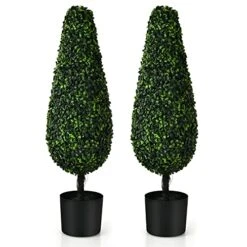 Goplus 3ft Artificial Boxwood Tower Topiary Trees, 2 Pack Faux Decorative Plants In Cement-Filled Plastic Pot, Fake Greenery Plants For Indoor Outdoor Home Office Garden Porch Decor