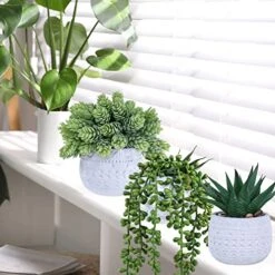 Winlyn 3 Pcs Assorted Small Potted Succulent Plants Artificial Aloe Hanging Succulent In White Geometric Concrete Ceramic Pots For Gift Party Wedding Favors Windowsill Table Shelf Indoor Outdoor Decor -Green Leaf Store 51bVTswxPEL