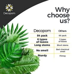 Decopom Palm Leaves Artificial Tropical Monstera-84Pcs 6 Kinds Large Small Green Fake Palm Leaf With Stems For Safari Jungle Hawaiian Luau Party Table Decoration Wedding Birthday Theme Party -Green Leaf Store 51bfzQf7u2L