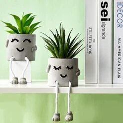 Artificial Potted Plant Faux Succulent Plant Cubicle Decor Cute Fake Desktop Plant Hanging Leg Cement Potted Decor For Bookshelf Bedroom Living Room Office Decor (Simple Style,2 Pcs) -Green Leaf Store 51c8bVhowYL