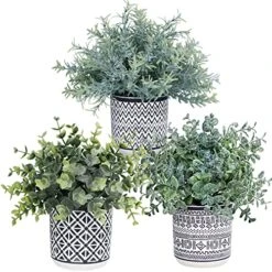 Set Of 3 Assorted Small Potted Plants Fake Eucalyptus Rosemary Plants In Black & White Geometric Concrete Ceramic Pots For Table Centerpiece Desk Shelf Kitchen Office Indoor Outdoor Greenery Decor