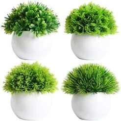 FEILANDUO 4 Pcs Mini Artificial Plants Potted Small Fake Plants For Shelf Green Plant In White Plastic Pot For Home Bathroom Decor Faux Plants (White, Set Of 4) -Green Leaf Store 51ceyRX1dtL. AC