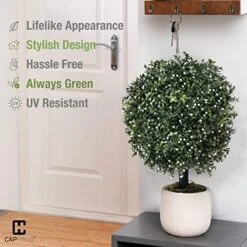 CAPHAUS Artificial Boxwood Topiary Ball Tree Set Of 2, Artificial UV Resistant Bushes, Faux Potted Tree, Plant In Pot W/Dried Moss, Fake Shrubs For Indoor, Front Porch, Outdoor, W/Orange Flower -Green Leaf Store 51ctrrekgqL