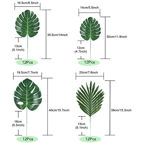 Auihiay 48 Pieces 4 Kinds Palm Leaves Tropical Leaves With Jungle Leaf Monstera Leaves Safari Leaf For Hawaiian Luau Party Jungle Beach Table Leave Decorations 1 Auihiay 48 Pieces 4 Kinds Palm Leaves Tropical Leaves With Jungle Leaf Monstera Leaves Safari Leaf For Hawaiian Luau Party Jungle Beach Table Leave Decorations
