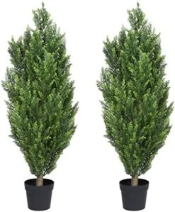 THE BLOOM TIMES 2 Pack Topiary Trees Artificial Outdoor Cedar Pine Fake Trees Potted UV Rated For Front Porch Faux Plants Indoor Decor (4 Feet, Green) -Green Leaf Store 51eii1yLk9L. AC