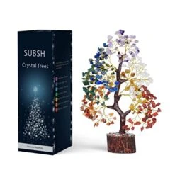SUBSH Seven Chakra Natural Healing Gemstone Crystal Bonsai Fortune Money Tree For Good Luck, Wealth & Prosperity Home Office Kitchen Décor Spiritual Gift (Golden Wire And 300 Beads) Size 10-12 Inches