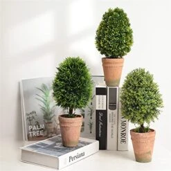 （3 Pack） Faux Small Topiary Tree In Stone Basin 13inchs Height Artificial Boxwood Tree Grass Potted Faux Plant For Home Office Table Desk Shelves Decor -Green Leaf Store 51fnAxeCd5L