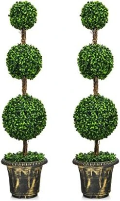 Goplus 4 Ft Artificial Boxwood Topiary Tree, Fake Greenery Plants Ball Tree, Leaves & Cement-Filled Plastic Flower Pot Decorative Trees For Home Office Indoor Outdoor -Green Leaf Store 51ftJyyDfFL. AC
