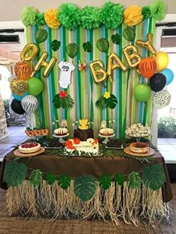 Moon Boat 120PCS Tropical Palm Leaves Plants Hibiscus Artificial-105Pcs 7 Kinds Green Fake Leaf+15pcs Flowers, Hawaiian/Luau/Safari Jungle Party Table Decorations -Green Leaf Store 51hENVOMeTL