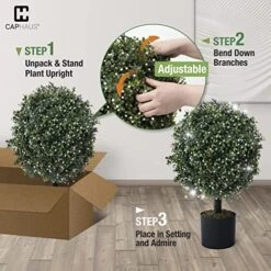 CAPHAUS Artificial Boxwood Topiary Ball Tree Set Of 2, Artificial UV Resistant Bushes, Faux Potted Tree, Plant In Pot W/Dried Moss, Fake Shrubs For Indoor, Front Porch, Outdoor, W/Orange Flower -Green Leaf Store 51o9d5Y875L