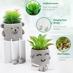 Natheeph 2 Pcs Succulents Plants Artificial Fake Plant Faux Succulents Hanging Leg With Cement Potted For Home Office Desk Bedroom Bookshelf Greenery Decoration (Smile & Bear) -Green Leaf Store 51pUC9c69dL