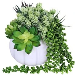 White Fall Pumpkin Centerpiece Artificial Succulent Pumpkin Arrangement With Assorted String Of Pearls Succulents For Fall Thanksgiving Gifts Home Wedding Table Mantel Windowsill Shelf Decor