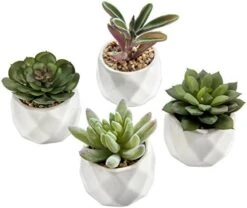 MyGift Miniature Artificial Succulents, Indoor Fake House Plants In Round White Geometric Ceramic Pots, Set Of 4 -Green Leaf Store 51rCowEeU1L. AC