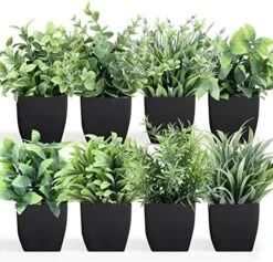 LELEE 8pcs Artificial Potted Plants Mini Fake Potted Plants, Small Eucalyptus Potted Faux Decorative Grass Plant With Black Pot For Home Decor, Indoor, Office, Desk, Table, Shelf Decoration -Green Leaf Store 51rKUa9SgyL. AC