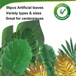 86Pcs 8Kinds Artificial Tropical Palm Leaves Jungle Safari Leaves Faux Plant Golden Leaves Decorations For Hawaiian Beach Birthday Luau Party Table Decorations -Green Leaf Store 51rjffOWwGL
