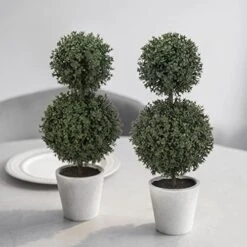 MyGift 14.7 Inch Green Artificial Boxwood Topiary Trees - Decorative Faux Indoor Plants In Gray Paper Pulp Planter Pots -Green Leaf Store 51s0pMwAyhL