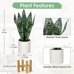 Briful 14'' Fake Snake Plant Home Decor Real Touch Faux Sansevieria Plant In White Ceramic Pot With Wooden Stand Artificial Snake Plant With Wide Leaves For Kitchen Living Room Bathroom Decorations -Green Leaf Store 51sypgQwHqL