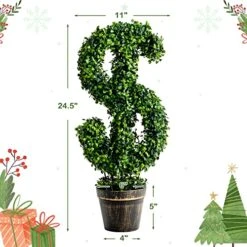 Goplus 24.5” Artificial Boxwood Topiary Tree, Set Of 2 Dollar-Shaped Fake Greenery Plant W/Cement-Filled Plastic Pot, Moss, Luxuriant Faux Potted Plant For Indoor Outdoor Home Office -Green Leaf Store 51th731IPxL