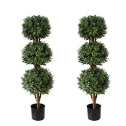 Momoplant Artificial Topiary Triple Ball Boxwood Tree, Two Pack Fake Topiaries Trees 46.5inch Faux Shrubs Plants Potted Outdoor Indoor Proch Office Garden Green (3.87ft)