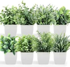 LELEE 8pcs Artificial Potted Plants Mini Fake Potted Plants, Small Eucalyptus Potted Faux Decorative Grass Plant With Black Pot For Home Decor, Indoor, Office, Desk, Table, Shelf Decoration -Green Leaf Store 51uexOos16L. AC