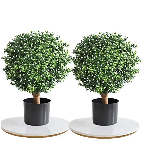 Momoplant 20Inch-1.7Ft Artificial Topiaries Boxwood Topiary Ball Tree Front Porch UV Resistant Potted Plants Tree For Indoor Outdoor Home Garden (White Flowers, Set Of 2) 1 Momoplant 20Inch-1.7Ft Artificial Topiaries Boxwood Topiary Ball Tree Front Porch UV Resistant Potted Plants Tree For Indoor Outdoor Home Garden (White Flowers, Set Of 2)
