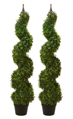 Two Pre-Potted 47" Artificial Outdoor Indoor Spiral Boxwood Artificial Topiary Trees. In Plastic Pot