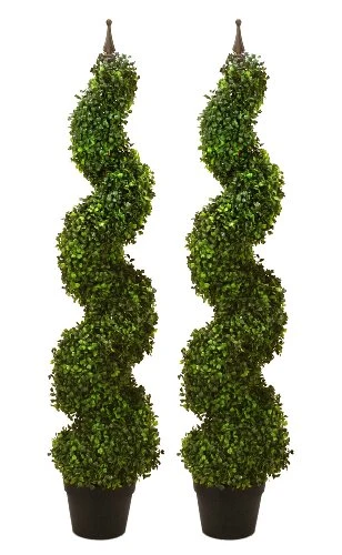 Two Pre-Potted 47" Artificial Outdoor Indoor Spiral Boxwood Artificial Topiary Trees. In Plastic Pot 1 Two Pre-Potted 47" Artificial Outdoor Indoor Spiral Boxwood Artificial Topiary Trees. In Plastic Pot