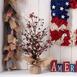 Red Berry & Star Table Tree For 4th Of July Artificial Tree & Flower For Centerpiece Featured Burlap Base Farmhouse Patriotic Table Top Decoration For Independence Day/ Veterans Day