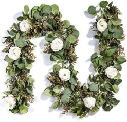 Der Rose 2 Pack 13Ft Artificial Eucalyptus Flower Garland With Fake Rose Flower Vine Seeded Eucalyptus Leaves Greenery Garland For Wedding Table Runner Backdrop Party Centerpiece Room Decor (White) -Green Leaf Store 61FGn3 cTL. AC 2