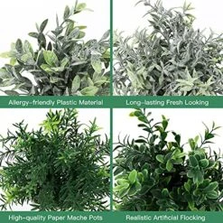 PENGYEE Artificial Topiaries Plants & Flowers, 4 Pcs Mini Plants Artificial Potted Set Fake Green Grass Plant Faux Plastic Topiary For Home Office Desk Bathroom Kitchen Counter Decoration (Mixed) -Green Leaf Store 61JqnJBiczS