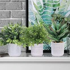 Set Of 3 Assorted Small Potted Plants Fake Eucalyptus Boxwood Plants And Aloe Succulent Plant In Gray Geometric Concrete Ceramic Pots For Gifts Home Kitchen Table Desk Indoor Outdoor Greenery Decor -Green Leaf Store 61XXjei6qpL