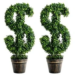 Goplus 24.5” Artificial Boxwood Topiary Tree, Set Of 2 Dollar-Shaped Fake Greenery Plant W/Cement-Filled Plastic Pot, Moss, Luxuriant Faux Potted Plant For Indoor Outdoor Home Office