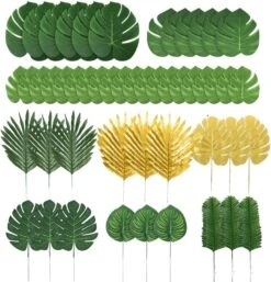 86Pcs 8Kinds Artificial Tropical Palm Leaves Jungle Safari Leaves Faux Plant Golden Leaves Decorations For Hawaiian Beach Birthday Luau Party Table Decorations -Green Leaf Store 719ehjLg8L. AC